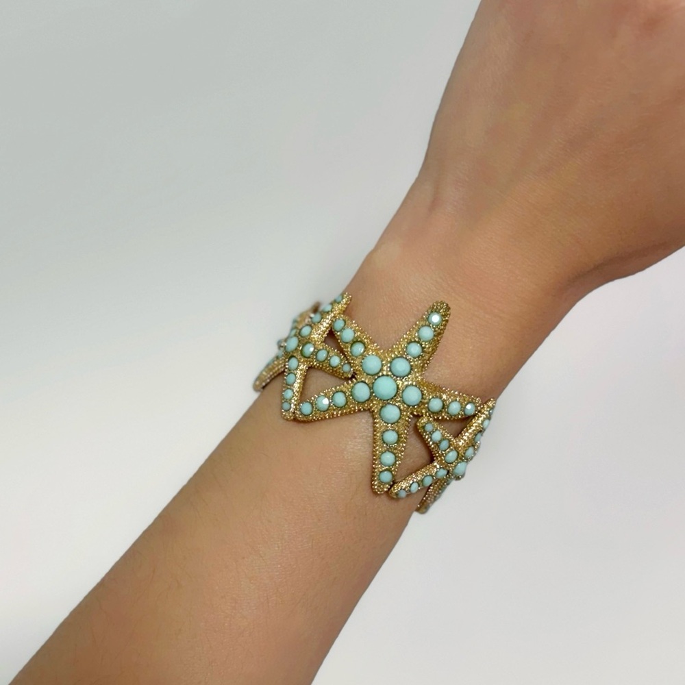 Vintage Gold and Blue Starfish Sea Inspired Sta Fish Stretch Cuff Bracelet